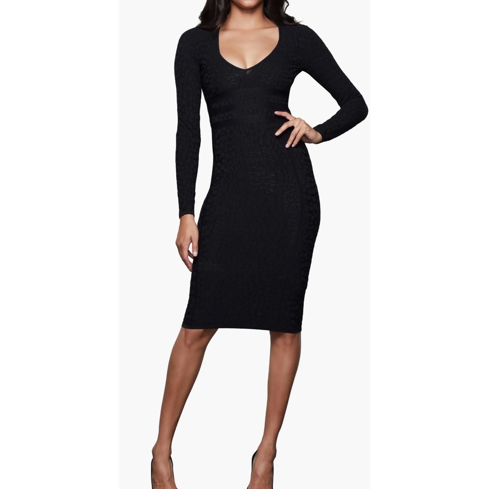 Good American Leopard Deep V Midi Dress Long‎ Sleeve Knit Black Size 1 Small NWT
